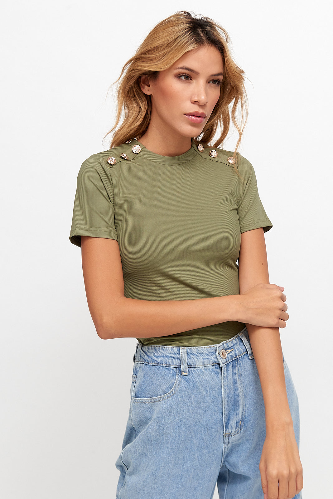 Camiseta Botones Hombro Verde