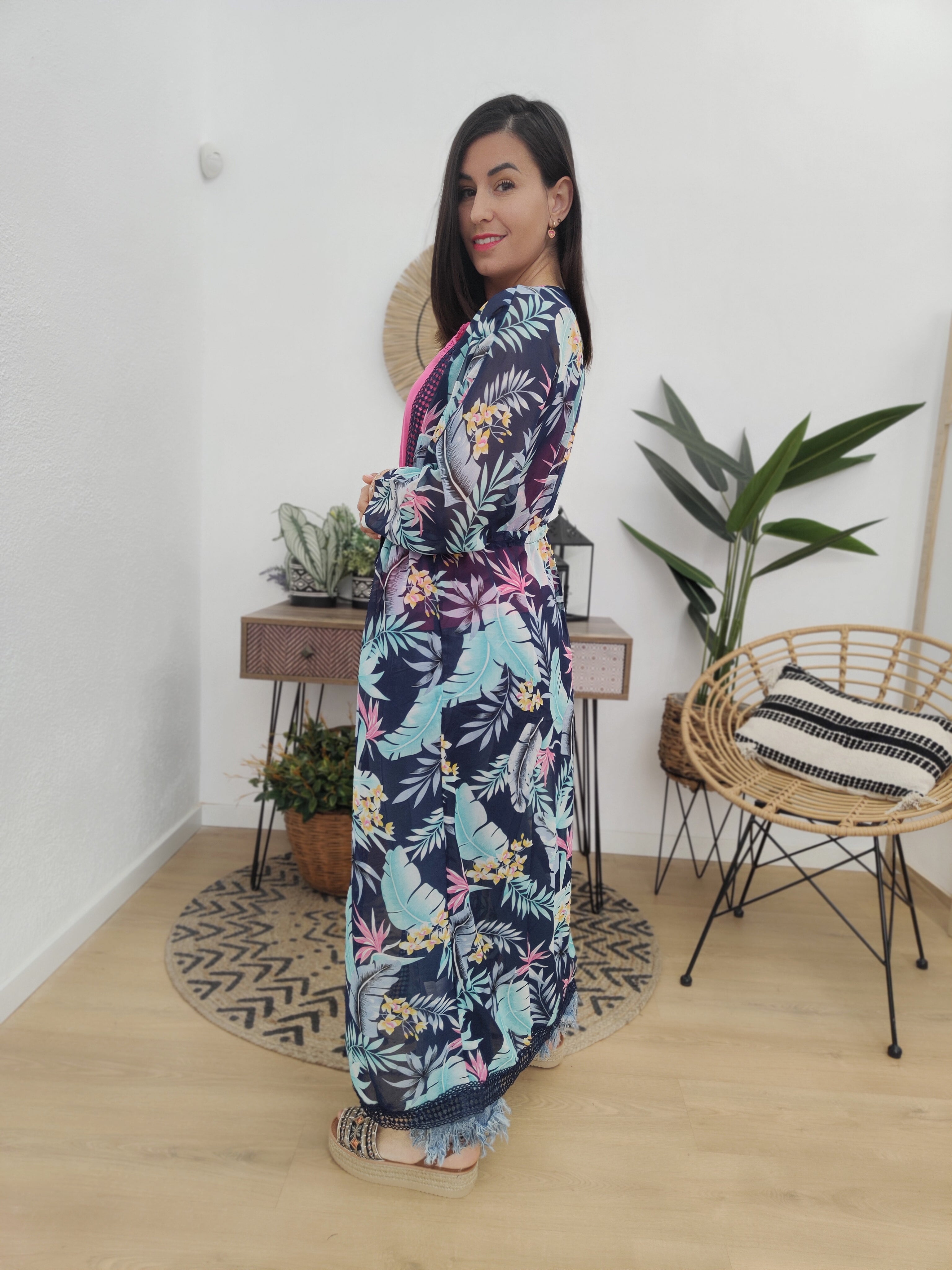 Kimono Largo Floral Azul