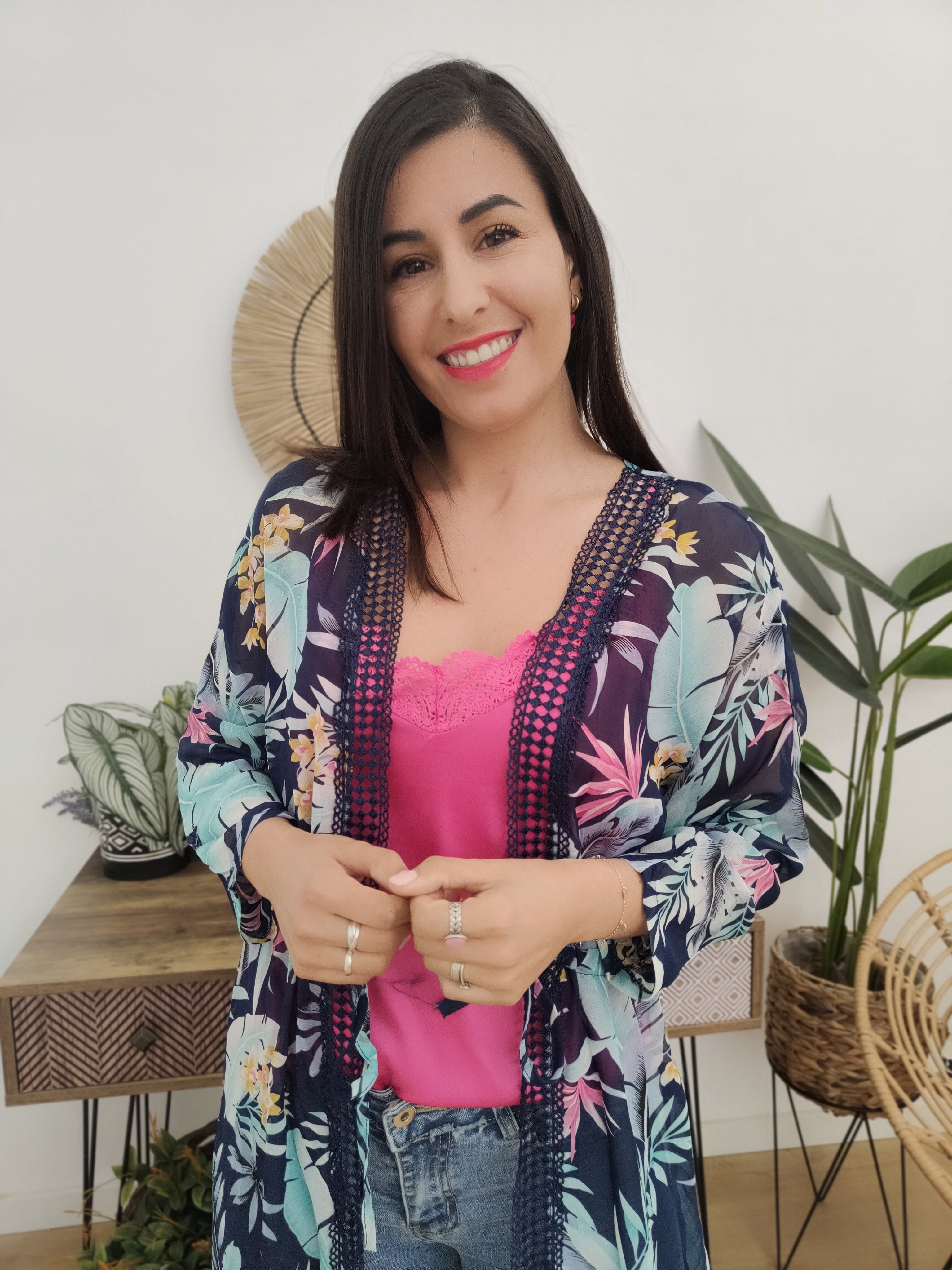 Kimono Largo Floral Azul