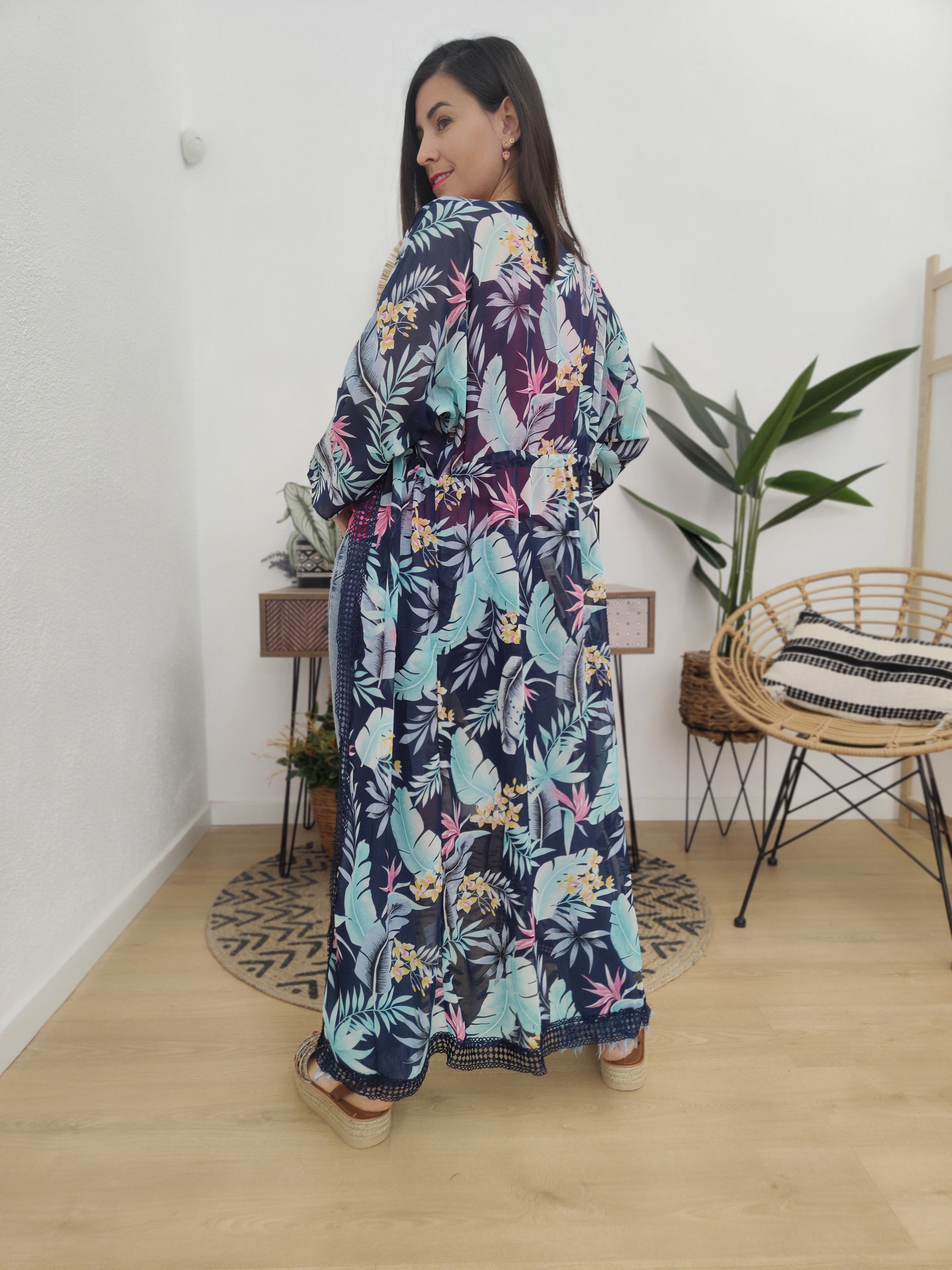 Kimono Largo Floral Azul