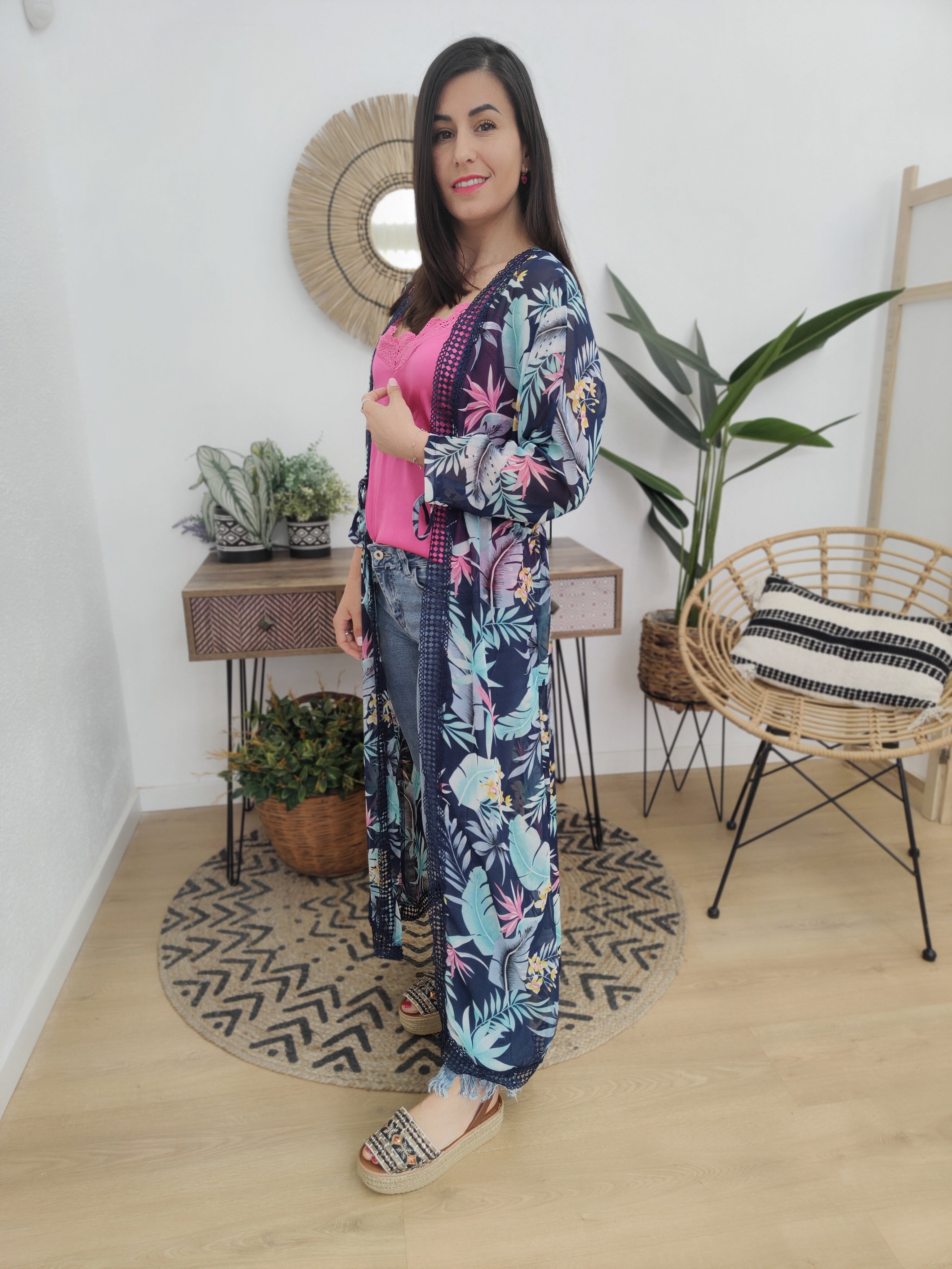 Kimono Largo Floral Azul