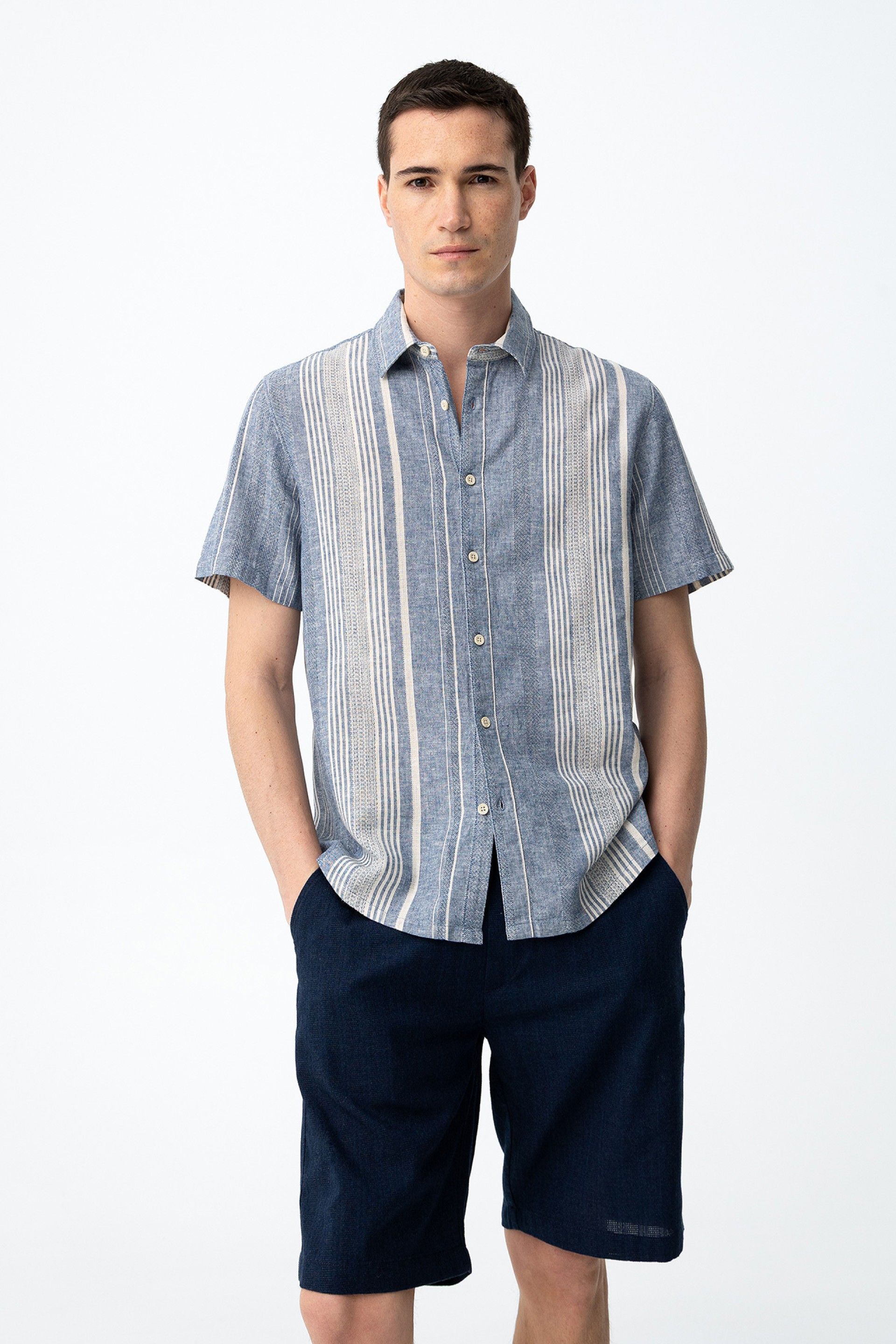 Camisa Lino Kairo Azul Rayas