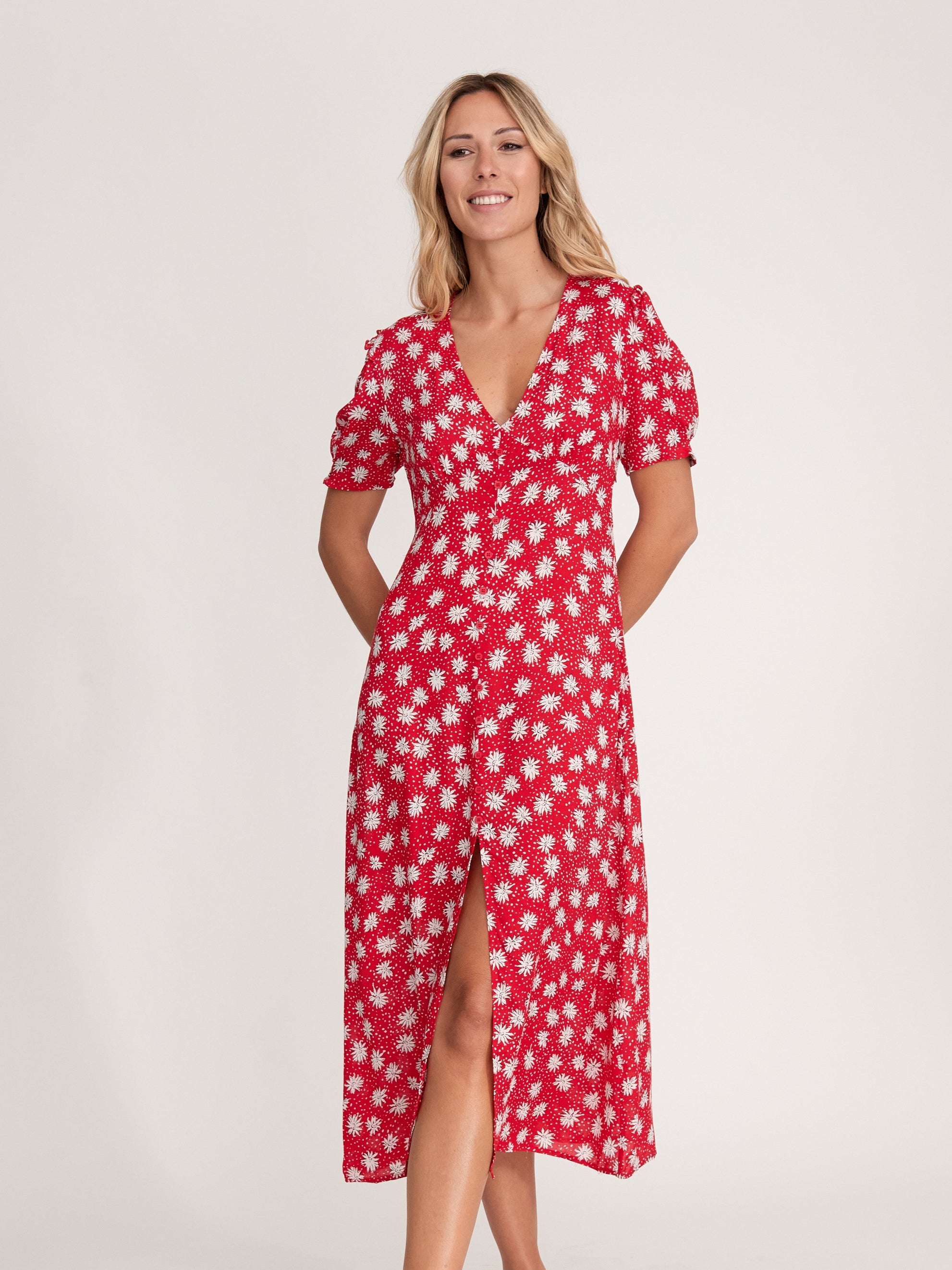 Vestido Flores Midi Rojo