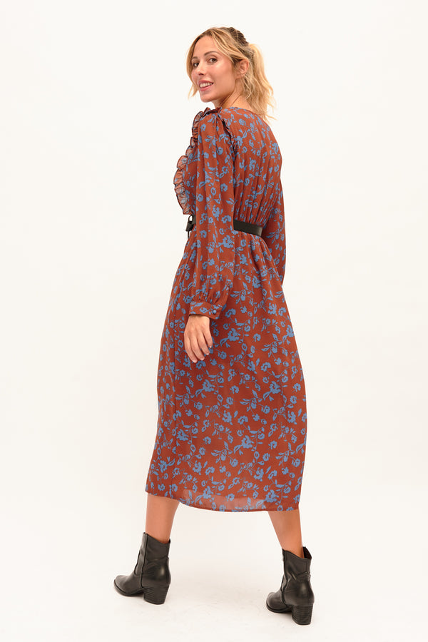 Vestido Midi Marrón Flores Azules