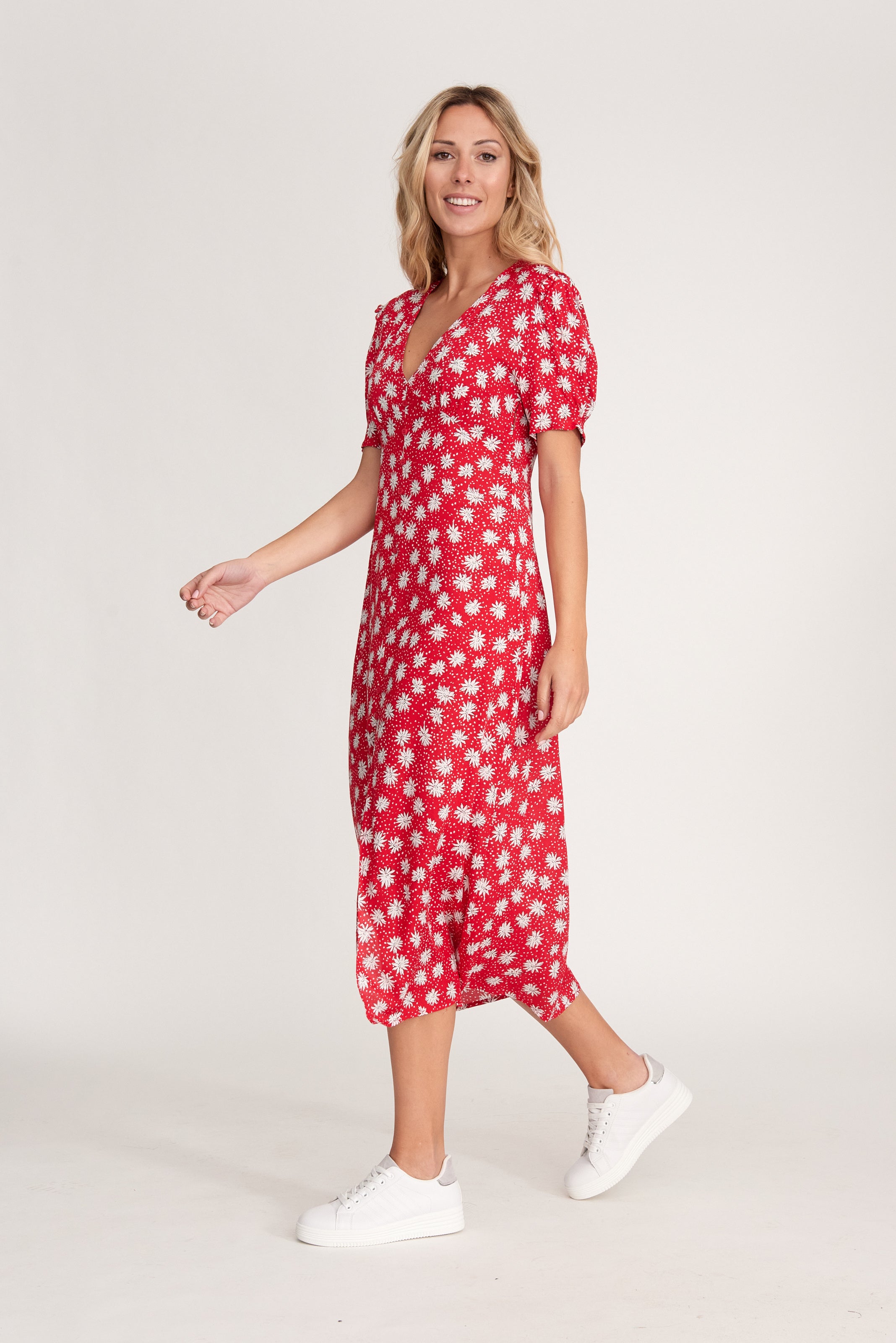 Vestido Flores Midi Rojo